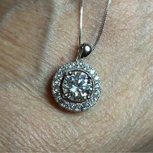 Radiant Moissanite Halo Pendant Necklace just over 2ctw 18”